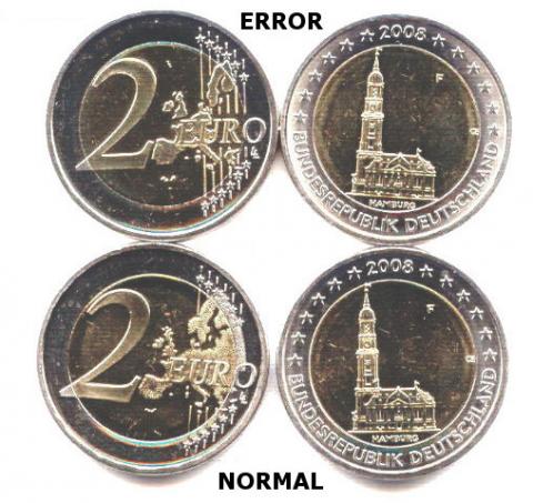 Dos euros alemanes con error de tirada