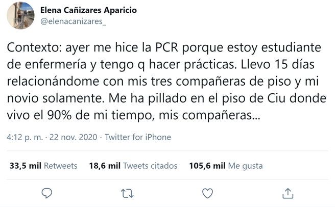 Primer tuit del hilo que subió Elena Cañizares contando su historia.