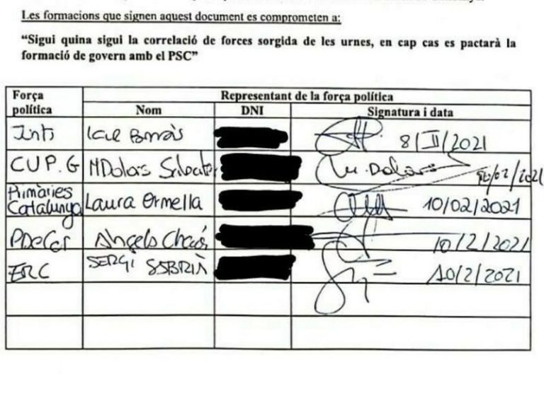 Los partidos independentistas firman por escrito que no pactarán con el PSC