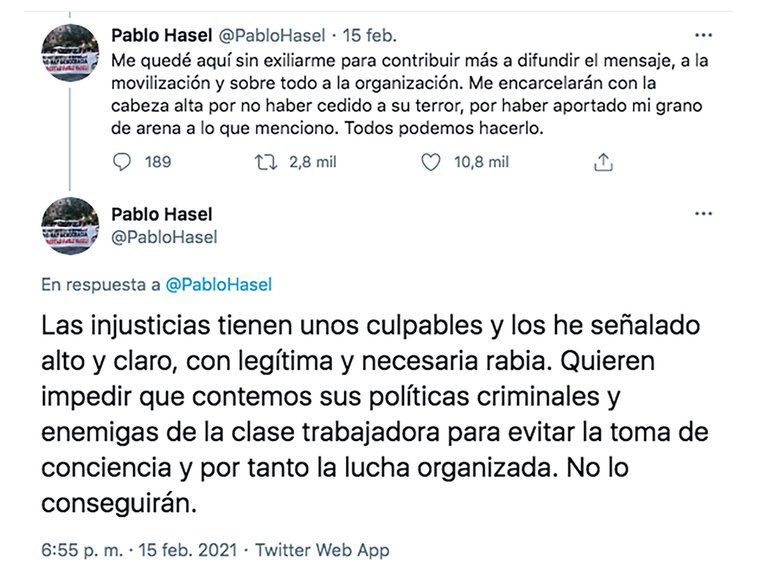 Explicaciones De Pablo Hasel En Su Cuenta De Twitter.