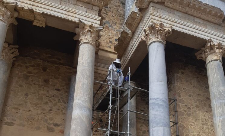 Bomberos retiran un enjambre de abejas en el Teatro Romano de Mérida