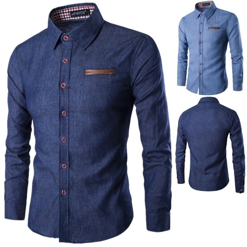 Camisa Azul Con Cuadros De Manga Larga
