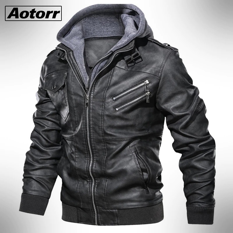 Chaqueta Cuero Sintetica Con Capucha Hombre