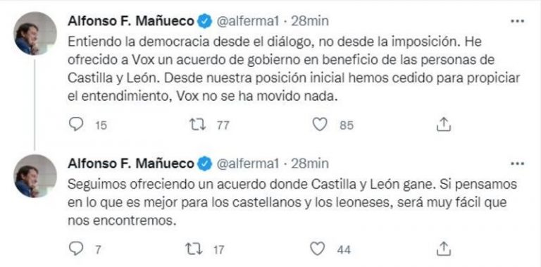Mañueco reprocha a Vox que «no se ha movido nada» en la negociación pero mantiene el ofrecimiento de un acuerdo