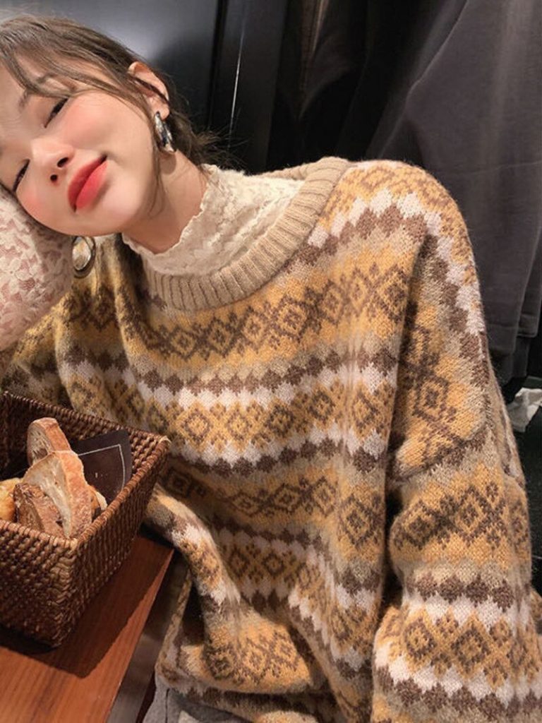 Jersey De Punto Para Mujer Su Ter Largo Azul Vintage Suelto C Lido Moda Coreana Kawaii