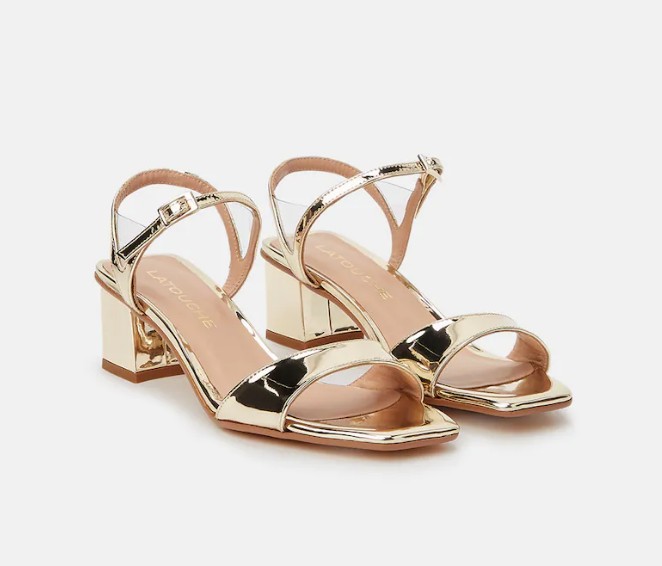 Sandalias De Mujer En Color Oro De Tiras Finas Al Tobillo Con Puntera Cuadrada Y Tacon Bloque