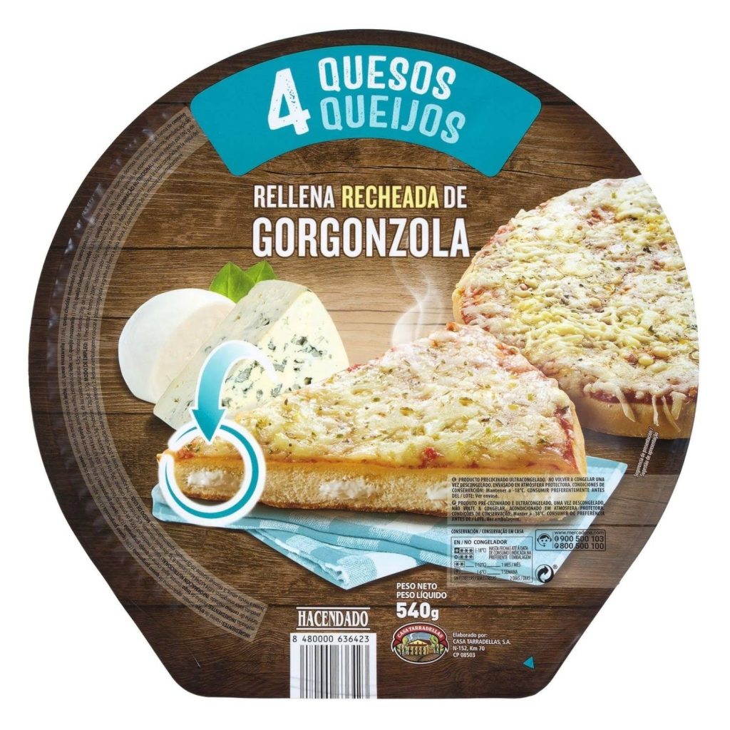 pizza cuatro quesos rellena de gorgonzola hacendado mercadona 2
