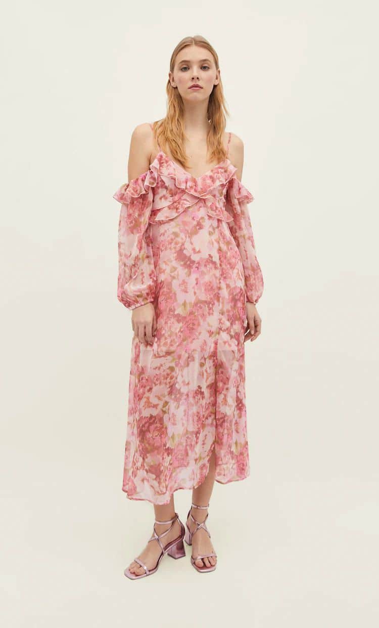 Vestido midi estampado hombros descubiertos