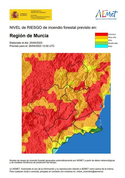 El nivel de riesgo de incendio forestal previsto este miércoles es extremo o muy alto en la mayor parte de Murcia