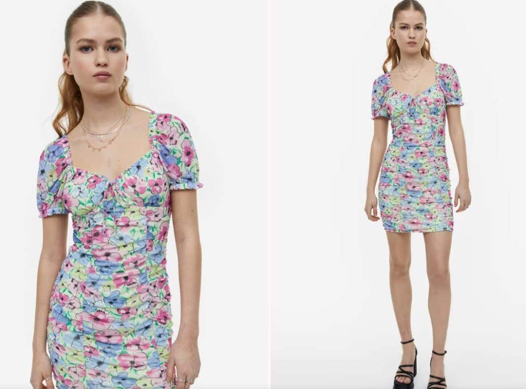 Vestido fruncido con bordado inglés