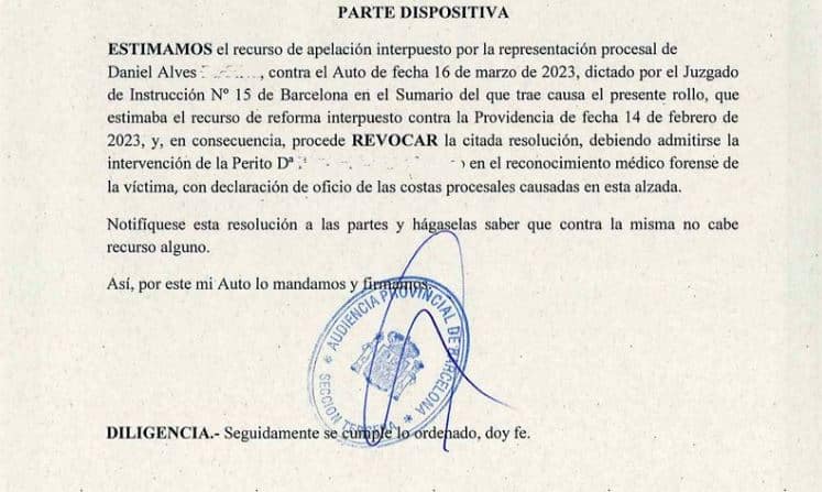 La Audiencia de Barcelona estima el recurso de apelación de Dani Alves y permite la presencia de una perito de la defensa en el examen médico-forense de la denunciante