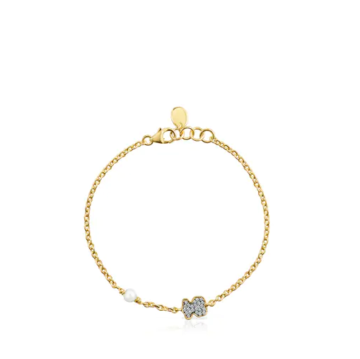 Pulsera Oso Con Baño De Oro 18 Kt Sobre Plata, Diamantes Y Perla Nocturne