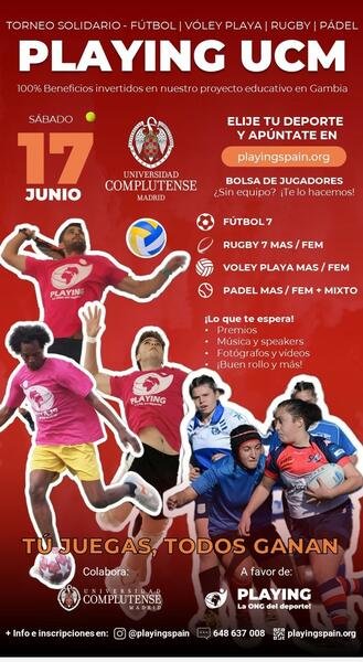 Playing, la ONG del deporte, celebra un torneo solidario de pádel, fútbol, rugby y vóley playa en la UCM el 17 de junio