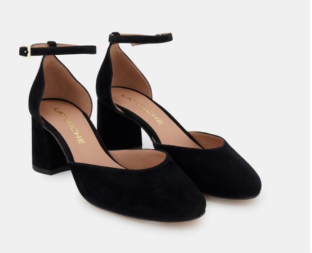 Zapatos De Salón De Mujer En Negro Con Puntera Redonda, Pulsera Al Tobillo Y Tacón Bloque
