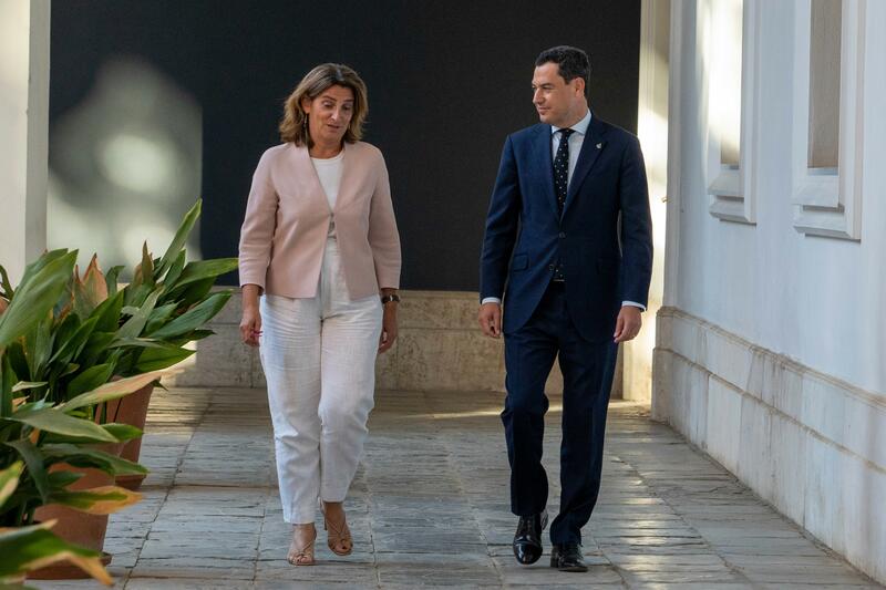 El Gobierno No Va A Comprar Regadíos &Quot;Irregulares&Quot; En Doñana 1 El Presidente De La Junta De Andalucía, Juanma Moreno (D) Y La Vicepresidenta Tercera Del Gobierno Y Ministra Para La Transición Ecológica Y El Reto Demográfico En Funciones, Teresa Ribera (I), En Su Reunión En San Telmo