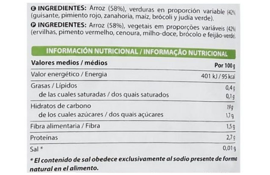 propiedades nutricionales arroz con verduras congelado