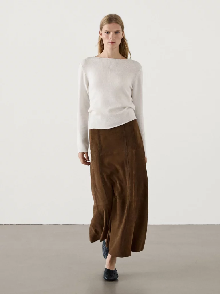 Falda Midi Piel Ante Costuras