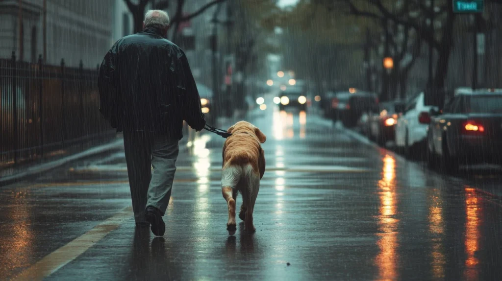 Una Persona Camina Con Un Perro Por Las Calles De La Ciudad Empapadas De Lluvia Destacando El Companerismo Y La Calma En Medio De La Bulliciosa Vida Urbana Reflexiva