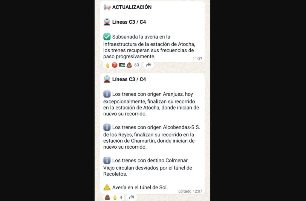 Desalojos Y Robos Siembran El Caos En Cercanías En Las Líneas Con Obras De 54 Millones De Euros 2 Mensajes Del Canal De Whatsapp Oficial De Cercanías Madrid