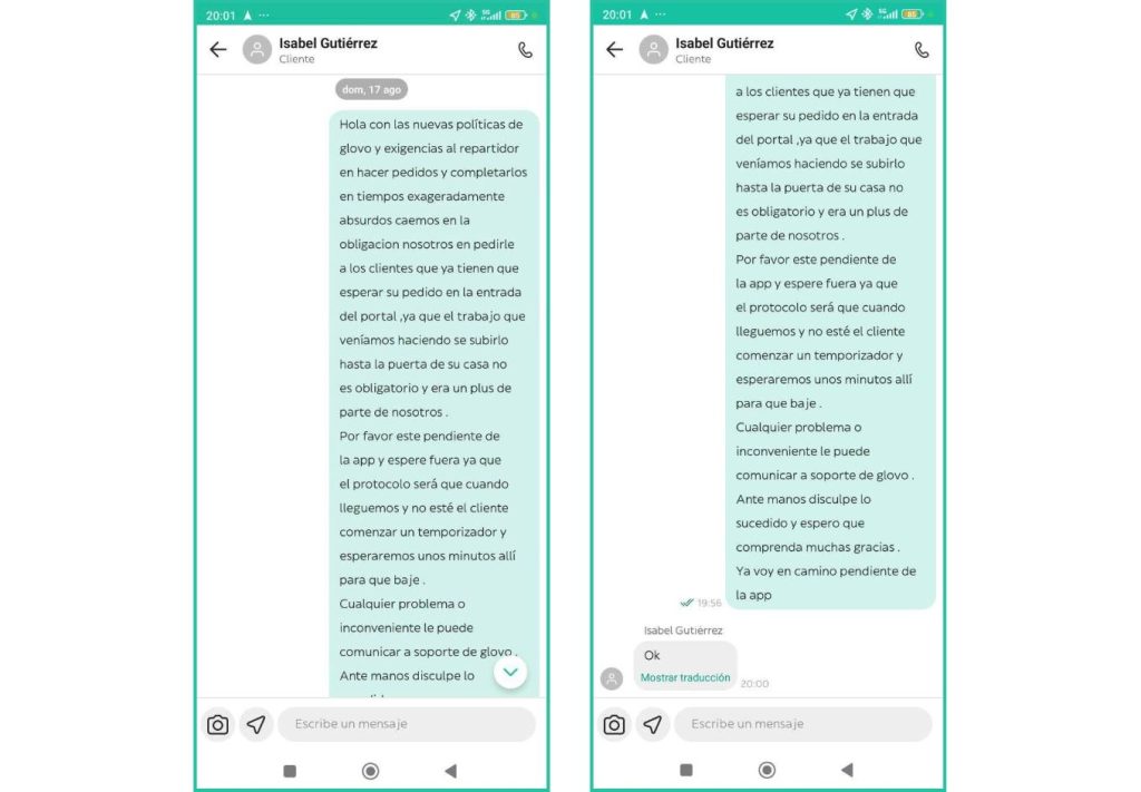Conversación Entre Un Rider De Glovo Y Una Cliente Sobre Repartir Hasta La Puerta De Casa O No