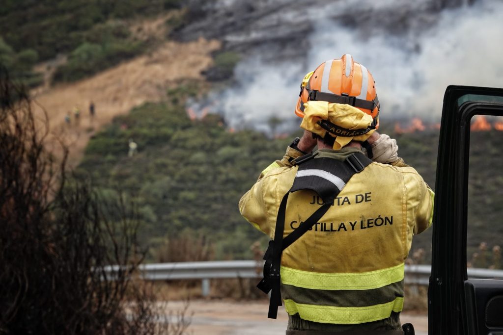 Un Bombero Forestal Observa Un Incendio En El Puerto De San Glorio, León, Castilla Y León