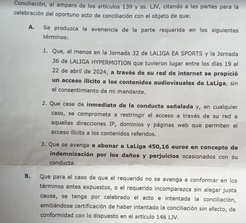 Tebas Se Enfrenta A La Comisión Europea Por Laliga En Miami Mientras Envía Cartas Con Sanciones A Quienes Piratean 2 Extracto De Una De Las Cartas Que Envía Laliga A Los Usuarios Por Piratear