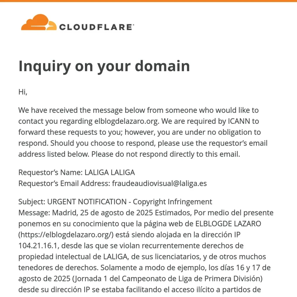 Laliga Persigue A Usuarios Por Utilizar Algo Que Usa... La Propia Liga: «Debería Denunciarse A Sí Misma» 1 Notificación Que Laliga Manda A Quienes Utilizan Cloudfare