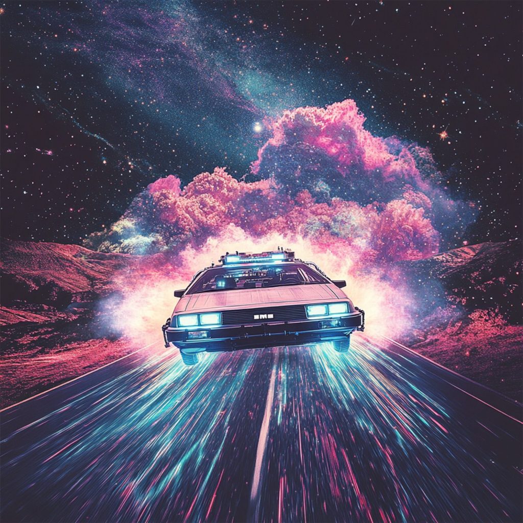 40 Años De Regreso Al Futuro: Un Viaje A Través Del Tiempo Y La Cultura Pop 4 El Futuro Delorean Volando En El Espacio Onda De Sintetizador Arte Digital